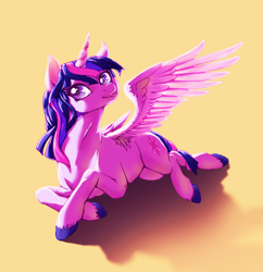Size: 698x720 | Tagged: safe, artist:bloominglove, twilight sparkle, twilight sparkle (alicorn), alicorn, pony, prone, solo, spread wings, tongue out, unshorn fetlocks