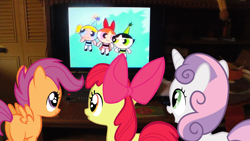 Size: 1696x954 | Tagged: safe, apple bloom, scootaloo, sweetie belle, cutie mark crusaders, television, the powerpuff girls