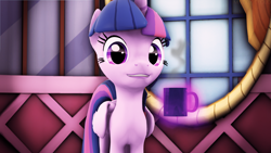 Size: 3840x2160 | Tagged: safe, artist:melodycloud14, twilight sparkle, twilight sparkle (alicorn), alicorn, pony, 3d, coffee, cup, looking at you, magic, smiling, smiling at you, solo, source filmmaker, steam