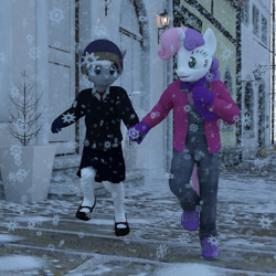 Size: 1500x1500 | Tagged: safe, artist:tahublade7, silver spoon, sweetie belle, anthro, plantigrade anthro, 3d, clothes, coat, daz studio, female, gloves, hat, leggings, lesbian, mary janes, overalls, scarf, shipping, shoes, silverbelle, sneakers, snow, sweater, tights, winter, winter wonderland