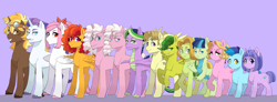 Size: 5421x2000 | Tagged: safe, artist:pikokko, oc, oc only, oc:bloody rose, oc:caesar, oc:cortland, oc:everfree, oc:floret, oc:jade, oc:marshall (marshmallow), oc:pickaxe, oc:puffy cloud, oc:seed seeker (syd), oc:sound wave, oc:storm blast, oc:sunset sky, oc:sunshine, dracony, dragon, earth pony, hybrid, pegasus, pony, unicorn, glasses, goggles, height difference, interspecies offspring, offspring, parent:applejack, parent:bulk biceps, parent:caramel, parent:cheese sandwich, parent:fluttershy, parent:pinkie pie, parent:pokey pierce, parent:prince blueblood, parent:rainbow dash, parent:rarity, parent:spike, parent:twilight sparkle, parents:carajack, parents:cheesedash, parents:flutterbulk, parents:pokeypie, parents:rariblood, parents:twispike, reference sheet, size chart, size comparison