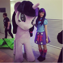 Size: 600x600 | Tagged: safe, twilight sparkle, twilight sparkle (alicorn), alicorn, human, pony, equestria girls, duality, fursuit, human ponidox, irl, irl human, musical, photo, quadsuit, self ponidox, the mlp musical: rainbow rocks