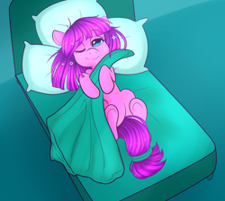 Size: 1280x1148 | Tagged: safe, artist:ponycide, lily longsocks, earth pony, pony, bed, blanket, female, filly, in bed, looking at you, lying down, lying on bed, morning ponies, on back, on bed, one eye closed, solo, waking up