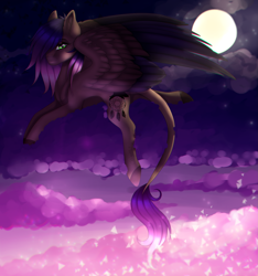 Size: 2335x2500 | Tagged: safe, artist:kimimochi, artist:minelvi, oc, oc only, oc:evening howler, pegasus, pony, cloud, female, flying, high res, mare, moon, night, solo