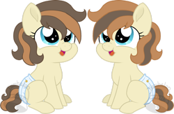 Size: 900x586 | Tagged: safe, artist:tambelon, oc, oc only, oc:chiptune, oc:joystick, earth pony, pony, baby, baby pony, diaper, foal, offspring, parent:button mash, parent:sweetie belle, parents:sweetiemash, simple background, transparent background, twins, watermark