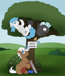 Size: 882x1029 | Tagged: safe, artist:ravenpuff, lightning bolt, mochaccino, rare find, thunderlane, white lightning, pegasus, pony, angry, chest fluff, duck season rabbit season, floppy ears, frown, glare, gun, hiding, hoof hold, levitation, loading gun, magic, prone, scared, shotgun, shoulder fluff, sitting, telekinesis, this will end in tears, tree, underhoof, weapon, wide eyes