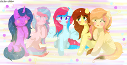 Size: 4927x2541 | Tagged: safe, artist:asika-aida, oc, oc only, oc:dreamscape, oc:melody, oc:rainbow swirl, oc:sugar dream, pegasus, pony, unicorn, absurd resolution, commission, eyes closed, female, mare, raised hoof, sitting, smiling