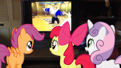 Size: 1696x954 | Tagged: safe, apple bloom, scootaloo, sweetie belle, beauty and the beast, cutie mark crusaders, meme, television