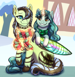 Size: 710x732 | Tagged: safe, artist:miamaha, oc, oc only, oc:dream flow, oc:iridescent bell, original species, pony, unicorn, clothes, female, glowing horn, mare, scarf