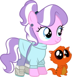 Size: 1001x1060 | Tagged: safe, artist:cloudyglow, diamond tiara, cat, earth pony, pony, alternate hairstyle, clothes, clothes swap, cosplay, costume, crossover, disney, duo, female, filly, jenny, jenny foxworth, oliver and company, shoes, simple background, smiling, sneakers, solo, transparent background, vector