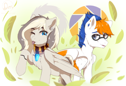 Size: 2697x1843 | Tagged: safe, artist:dagmell, oc, oc only, oc:alanrepick, pegasus, pony, robot, robot pony, commission, female, glasses, leaves, male, mare, piercing, smiling, stallion, two colour hair