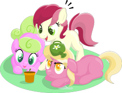 Size: 4000x3040 | Tagged: safe, artist:vulthuryol00, daisy, flower wishes, lily, lily valley, roseluck, colored pupils, cute, cuteluck, dripping, flower pot, flower trio, frown, lilybetes, looking at something, looking up, lying down, missing cutie mark, open mouth, potted plant, prone, simple background, smiling, transparent background, watering can