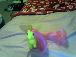 Size: 640x480 | Tagged: safe, artist:g3rainbowdash, g1, bed, irl, photo, solo, starry wings (g1), toy, windy wing ponies