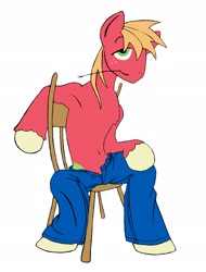 Size: 1576x2072 | Tagged: safe, artist:stileelits, big macintosh, earth pony, pony, chair, clothes, jeans, male, pants, partial nudity, sidemouth, solo, stallion, topless