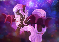 Size: 3025x2152 | Tagged: safe, artist:asika-aida, oc, oc only, oc:rosalind, bat pony, pony, female, flower, flower in hair, flying, mare, night, open mouth, solo, spread wings, starry night, stars