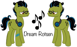 Size: 816x495 | Tagged: safe, artist:smallspiritgraphics, oc, oc only, oc:dream rotsen, earth pony, pony, commission, glasses, male, music, reference sheet, simple background, solo