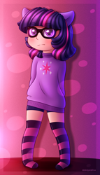 Size: 1200x2100 | Tagged: safe, artist:spirit-dude, twilight sparkle, human, arm behind back, blushing, clothes, cute, eared humanization, female, glasses, humanized, looking at you, simple background, socks, solo, standing, striped socks, sweater, twiabetes