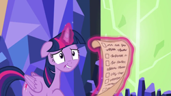 Size: 1280x720 | Tagged: safe, screencap, twilight sparkle, twilight sparkle (alicorn), alicorn, pony, celestial advice, checklist, cute, lip bite, magic, scroll, solo, telekinesis, twilight's castle