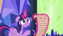 Size: 854x480 | Tagged: safe, screencap, twilight sparkle, twilight sparkle (alicorn), alicorn, pony, celestial advice, :o, checklist, friendship lesson, horn, levitation, magic, open mouth, solo, telekinesis, wings