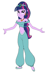 Size: 2692x4353 | Tagged: safe, artist:renthegodofhumor, twilight sparkle, equestria girls, absurd resolution, aladdin, alternate hairstyle, belly button, belly dancer, breasts, cleavage, clothes, crossover, disney, female, jasmine, midriff, simple background, solo, transparent background