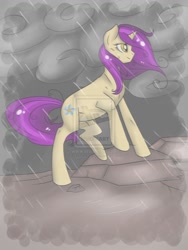 Size: 774x1032 | Tagged: source needed, safe, artist:rannarbananar, oc, oc only, oc:shattered light, unicorn, female, mare, rain, solo, storm, watermark