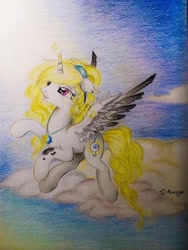 Size: 888x1184 | Tagged: safe, artist:moonlight-ki, oc, oc only, oc:moonlight, alicorn, alicorn oc, cloud, female, mare, solo, traditional art