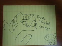 Size: 4160x3120 | Tagged: safe, artist:potatobug, spike, twilight sparkle, twilight sparkle (alicorn), alicorn, dragon, pony, absurd resolution, abuse, adopted, lined paper, smiling, spikeabuse, traditional art, twibitch sparkle, you're adopted