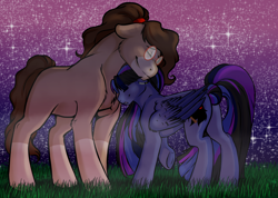 Size: 3300x2344 | Tagged: safe, artist:theecchiqueen, oc, oc only, oc:pandie, oc:walter nutt, earth pony, pegasus, pony, couple, cute, death by coffee, eyes closed, fangs, female, glasses, male, mare, neck nuzzle, night, nuzzling, oc x oc, shipping, size difference, smiling, stallion, starry night, stars, straight