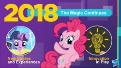 Size: 1200x675 | Tagged: safe, derpibooru import, pinkie pie, twilight sparkle, earth pony, pony, unicorn, season 8, 2018, confirmed, debate in the comments, hasbro, hype, it begins, logo, my little pony logo, official, pony history, stock vector, the magic continues, the ride never ends