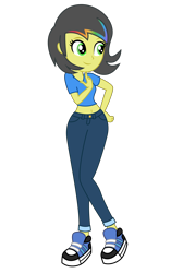 Size: 3500x5200 | Tagged: safe, artist:razethebeast, oc, oc only, oc:pauly sentry, equestria girls, absurd resolution, belly button, clothes, equestria girls-ified, midriff, pants, shoes, short shirt, simple background, smiling, solo, transparent background, vector