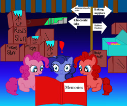 Size: 1200x1000 | Tagged: safe, artist:tabtoons, oc, oc only, oc:blueberry pie, oc:cherry pie, oc:raspberry pie, book, box, cute, exclamation point, looking at you, offspring, parent:cheese sandwich, parent:pinkie pie, parents:cheesepie, sign, tri pie triplets, triplets