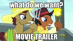 Size: 1280x720 | Tagged: safe, edit, edited screencap, screencap, beuford, mccree, appleoosa's most wanted, my little pony: the movie, angry mob, background pony, hat, hoof hold, image macro, meme, pitchfork, torch