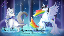 Size: 1024x576 | Tagged: safe, artist:animechristy, oc, oc only, oc:lightning bliss, oc:silver starling, alicorn, pony, alicorn oc, classical, commission, raised hoof, review, sitting, the last unicorn, title card, unknown species