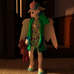 Size: 2000x2000 | Tagged: safe, artist:tahublade7, princess flurry heart, alicorn, anthro, plantigrade anthro, 3d, clothes, daz studio, female, five nights at freddy's, morning ponies, older, open mouth, pajamas, puppet (fnaf2), robe, rubbing, slippers, solo, sunrise, teddy bear, tired