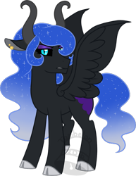 Size: 541x700 | Tagged: safe, artist:tambelon, oc, oc only, oc:lady hecate, pegasus, pony, cloven hooves, female, horns, interspecies offspring, mare, offspring, parent:lord tirek, parent:nightmare moon, simple background, solo, transparent background, watermark