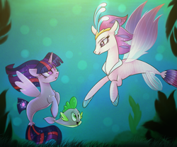 Size: 1421x1179 | Tagged: safe, artist:starchasesketches, queen novo, spike, twilight sparkle, twilight sparkle (alicorn), alicorn, pony, seapony (g4), my little pony: the movie, bokeh, fin wings, puffer fish, seaponified, seapony twilight, seaweed, species swap, spike the pufferfish, underwater