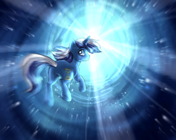 Size: 1288x1024 | Tagged: safe, artist:not-ordinary-pony, minuette, pony, unicorn, female, floating, looking at you, looking back, mare, portal, solo, time portal, time travel