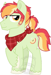 Size: 473x700 | Tagged: safe, artist:tambelon, oc, oc only, oc:sour apple, earth pony, pony, bandana, magical lesbian spawn, male, offspring, parent:applejack, parent:rainbow dash, parents:appledash, simple background, solo, stallion, transparent background, watermark