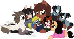 Size: 1024x546 | Tagged: safe, artist:tambelon, oc, oc only, oc:emma, oc:mason, oc:mia, oc:ryder, oc:tyler, oc:winnie, oc:zoey, classical hippogriff, earth pony, griffon, hippogriff, hybrid, pegasus, pony, unicorn, book, clothes, colt, crossover, ellie, female, filly, foal, hinny, male, mare, ponified, roleplay, the last of us, the walking dead, watermark