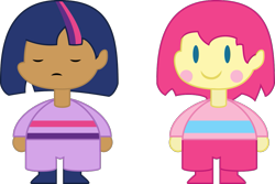 Size: 1103x736 | Tagged: safe, artist:dalekolt, derpibooru import, pinkie pie, twilight sparkle, earth pony, pony, blush sticker, blushing, c:, chara, eyes closed, frisk, frown, recolor, simple background, smiling, transparent background, undertale