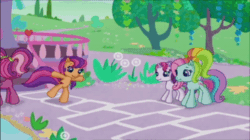 Size: 600x337 | Tagged: safe, cheerilee (g3), rainbow dash (g3), scootaloo (g3), sweetie belle (g3), pony, g3.5, animated, bipedal, gif, hopscotch (game)