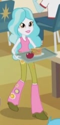 Size: 157x328 | Tagged: safe, screencap, bright idea, curly winds, paisley, some blue guy, equestria girls, photo finished, apple, boots, clothes, cropped, floral print, food, jeans, lipstick, offscreen character, sandwich, socks, solo, tanktop, tray