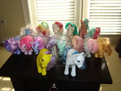 Size: 900x675 | Tagged: safe, artist:faerie-starv, blossom, blue belle, butterscotch (g1), cotton candy (g1), firefly, gusty, minty (g1), moondancer (g1), parasol (g1), peachy, snuzzle, g1, g3, bootleg, cloud puff, collection, dream blue, irl, photo, square crossover, toy, watermark