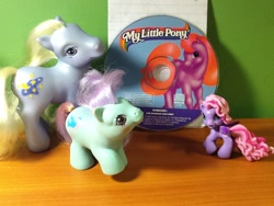 Size: 960x720 | Tagged: safe, artist:iluvchedda, moondancer (g3), starsong, pony, g1, g2, g3, g3.5, baby, baby pony, cd, collection, friendship gardens, irl, peeks, photo, square crossover, toy