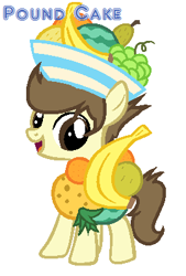 Size: 269x399 | Tagged: safe, artist:shera5, pound cake, the cutie mark chronicles, bowl, colt, cute, fruit, fruit bowl, fruit hat, hat, looking at you, male, older, simple background, smiling, solo, white background