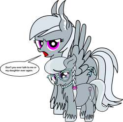 Size: 4544x4507 | Tagged: safe, artist:dinkyuniverse, silver spoon, silverspeed, earth pony, pegasus, pony, absurd resolution, angry, chest fluff, crying, dialogue, don't talk to me or my son ever again, duo, ear fluff, female, filly, foal, frown, looking at you, mama silverspeed, mare, meme, mother and child, mother and daughter, parent and child, sad, scowl, simple background, speech bubble, talking, talking to viewer, transparent background, unshorn fetlocks