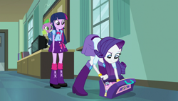 Size: 1904x1090 | Tagged: safe, screencap, rarity, spike, twilight sparkle, dog, equestria girls, equestria girls (movie), backpack, bag, book, boots, bowtie, bracelet, clothes, eyes on the prize, high heel boots, jewelry, skirt, spike the dog, television