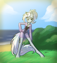 Size: 1024x1125 | Tagged: safe, artist:zaron, oc, oc only, oc:prism, anthro, unguligrade anthro, unicorn, beach, clothes, ear piercing, earring, female, jewelry, mare, necklace, one-piece swimsuit, piercing, see-through, solo, swimsuit