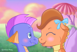 Size: 1752x1182 | Tagged: safe, artist:sparkiss-pony, master kenbroath gilspotten heathspike, spike, dragon, g3, g3.5, blushing, boop, cute, g3betes, heathbe, noseboop, shipping, spikabetes, weatherbetes, whimsey weatherbe