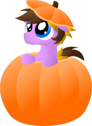 Size: 576x792 | Tagged: safe, artist:java--jive, oc, oc only, oc:corduroy road, earth pony, pony, chest fluff, colt, cute, eye, eyes, foal, food, hat, male, orange, pumpkin, smiling, solo